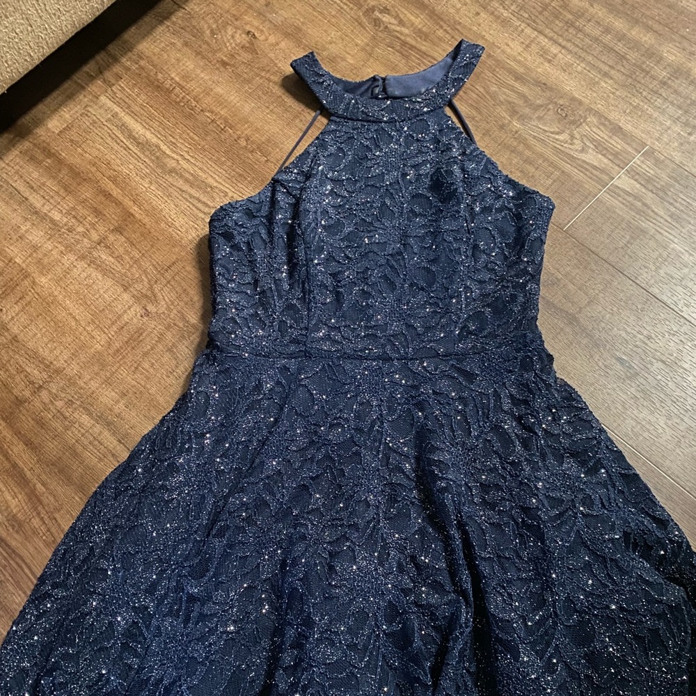 Short Navy Blue Formal Dress-Glitter Lace with Halter neck